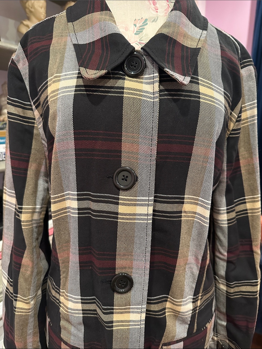 Tommy Hilfiger Plaid Trench Coat in Black, Cream, Brown/Gold & Red